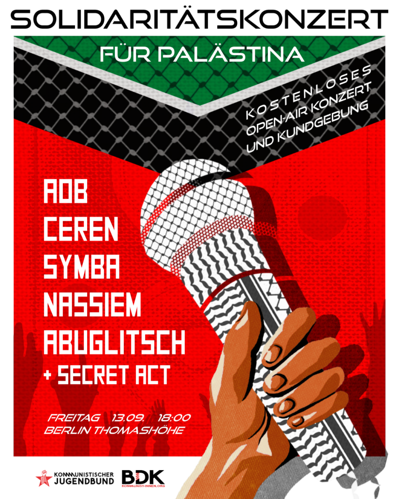 Bild zeigt die Künstler:innen, die auftreten werden. Das Konzert wird am 13.09 ab 18:00 in Berlin auf der Thomashöhe stattfinden
